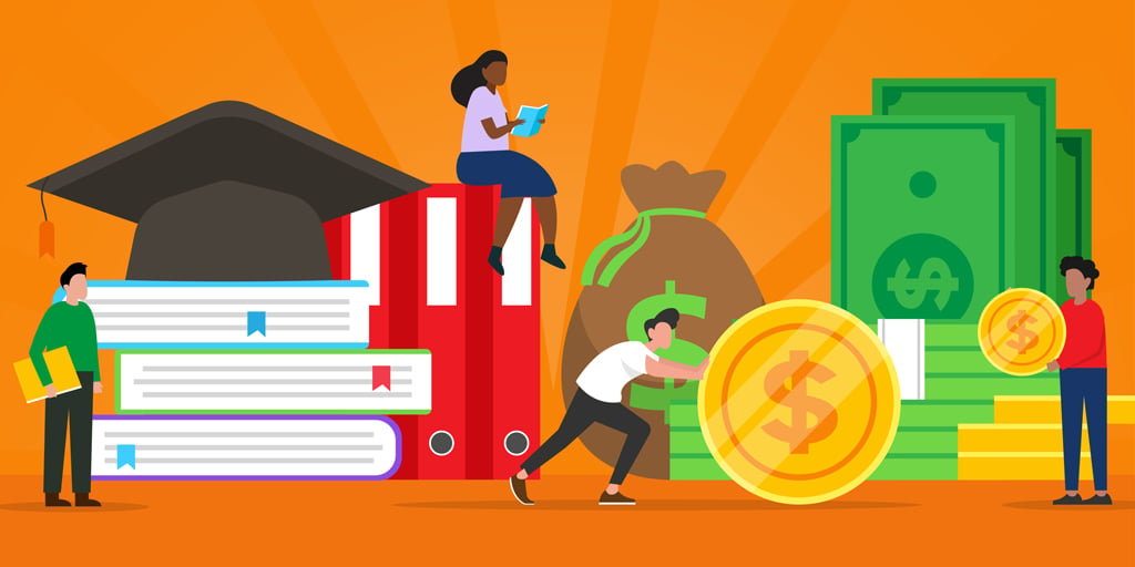 Illustration of students with books, graduation cap, and large coins representing educational funding and financial resources.